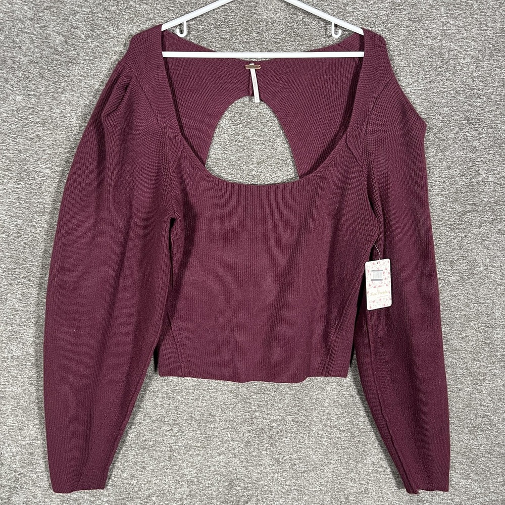 NWT Free People SAFFRON Sweater‎ Womens Medium Pomegranate Wine Open Back Knit